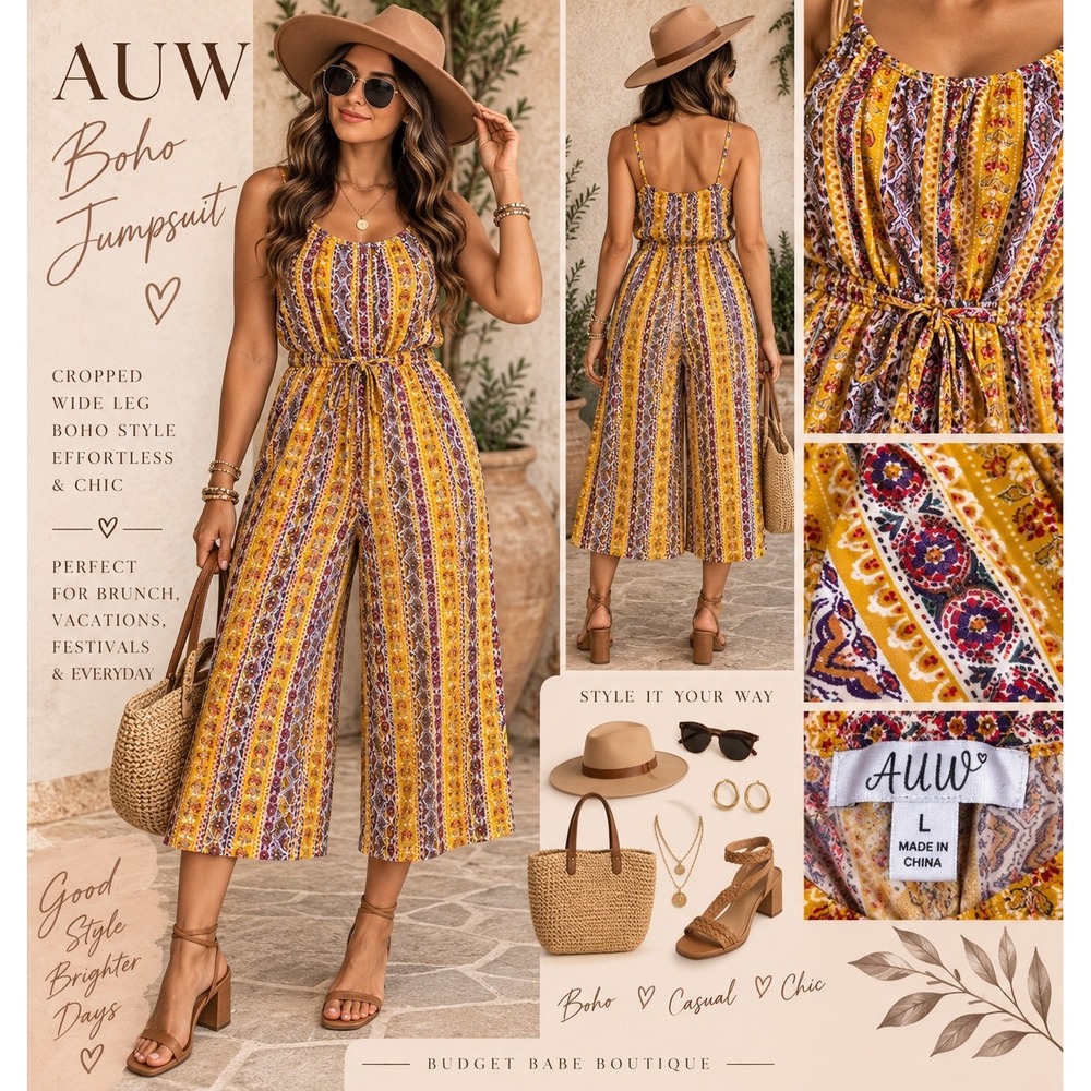 AUW Women Mustard Yellow Boho Striped Wide Leg Jumpsuit Large Floral Geometric